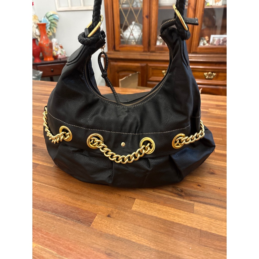 Unbranded Hobo Bag Women Large Black Excellent Gold Chain Braided Strap Slouchy